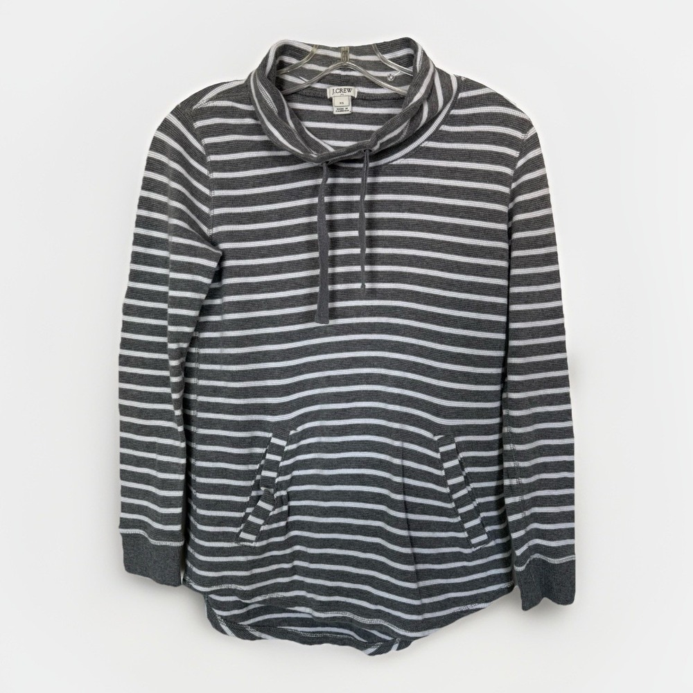 J Crew Waffle Knit Funnel Neck Sweatshirt XS Gray White Stripe Pullover Cotton